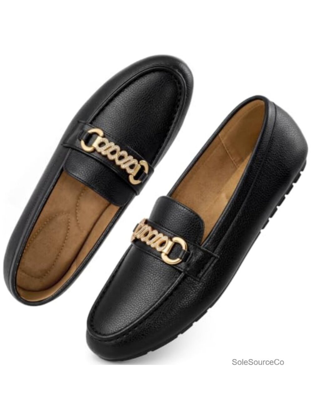 Women's Faux Leather Loafer Flats with Metal Chain Accent
